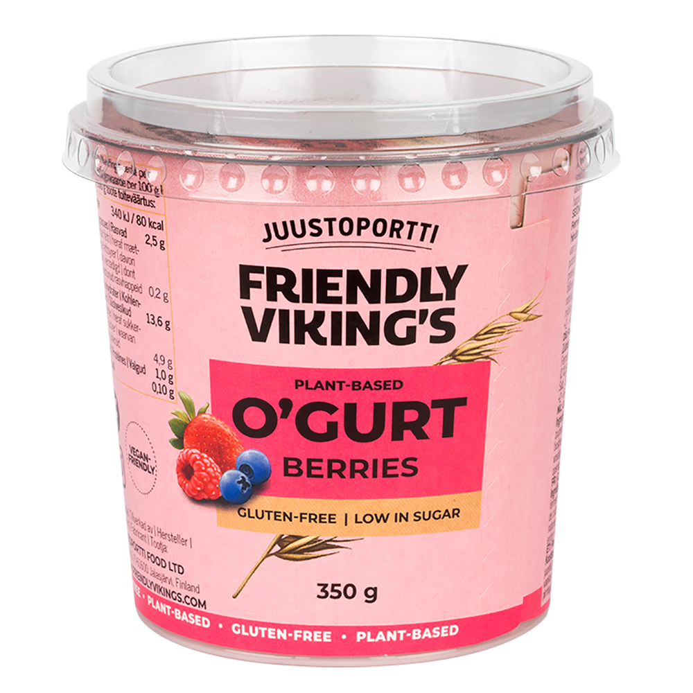 Juustoportti Friendly Viking’s O’gurt hapatettu kauravälipala mansikka-mustikka-vadelma 350 g
