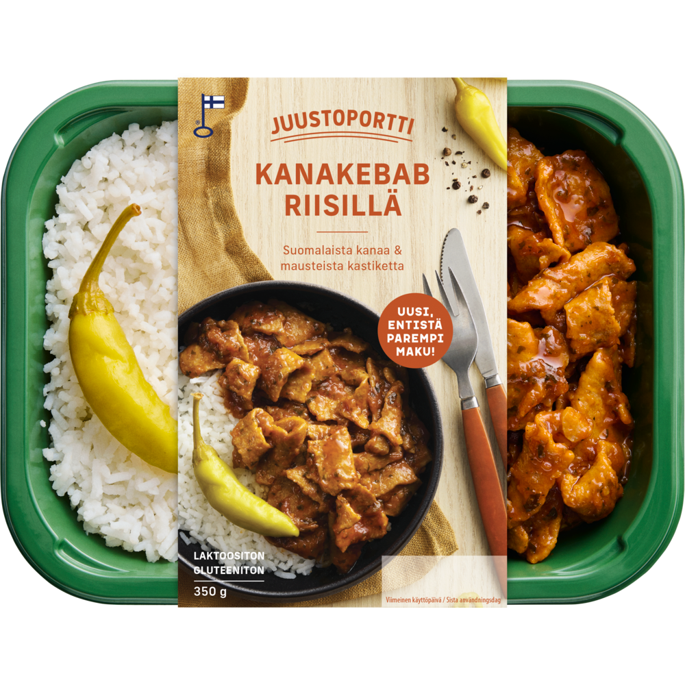 Juustoportti Kanakebab riisillä 350 g laktoositon gluteeniton