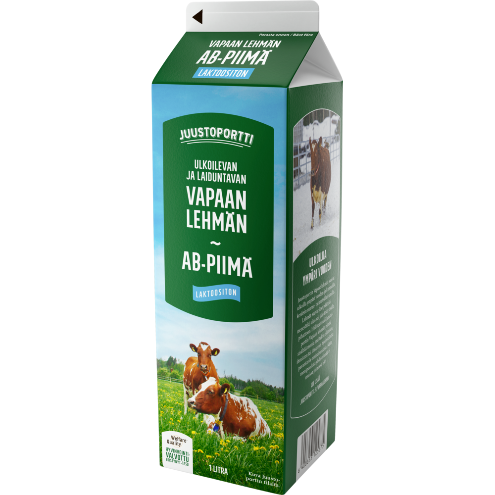 Juustoportti Vapaan lehmän AB-piimä 1 l laktoositon